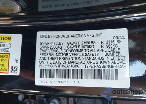 2020 Honda Accord Sport from USA, damaged, VIN 1HGCV1F36LA140897